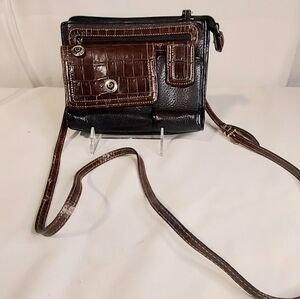 VTG Brighton Black Brown Leather Multi Pkt. Crossbody Bag Organizer Wallet Purse